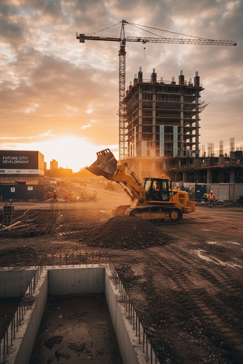 Construction site with a focus on a tractor